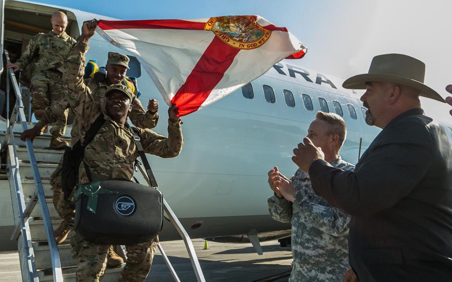 Soldiers with the 164th Air Defense Artillery Brigade's 1st Battalion, 265th Air Defense Artillery Regiment returned to Daytona, Fla., on March 10, 2016. The troops were greeted by family and friends following a deployment to Afghanistan in support of Operation Freedom's Sentinel.