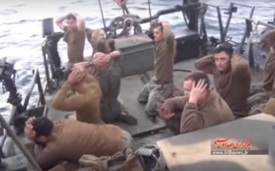 A video screen grab shows 10 U.S. sailors detained after two small U.S. Navy vessels apparently strayed into Iranian waters in January 2016.