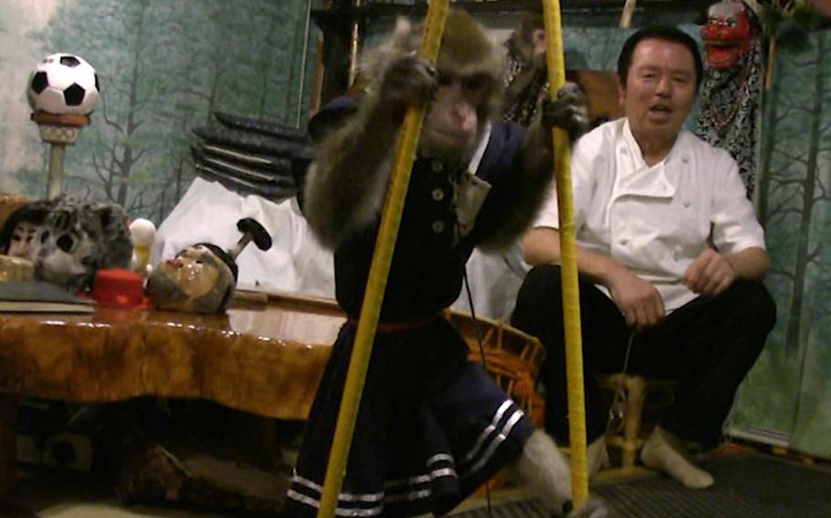 At Kayabukiya Tavern in Japan's Tochigi prefecture, primates hand perform tricks and serve bottled beer to customers, but never food, the owners say.