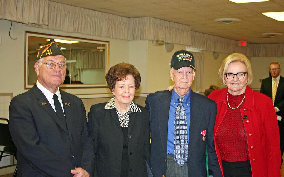 World War II veteran Carl Willm was belatedly awarded a Bronze Star for his military service. Missouri Sen. Claire McCaskill, right, attended the ceremony Jan. 29. Willm earned the award for his efforts in February 1945 on night patrol in the Philippines, but his commander was killed in action before he could file the paperwork. Willm's wife, Peggy, is on the left.
