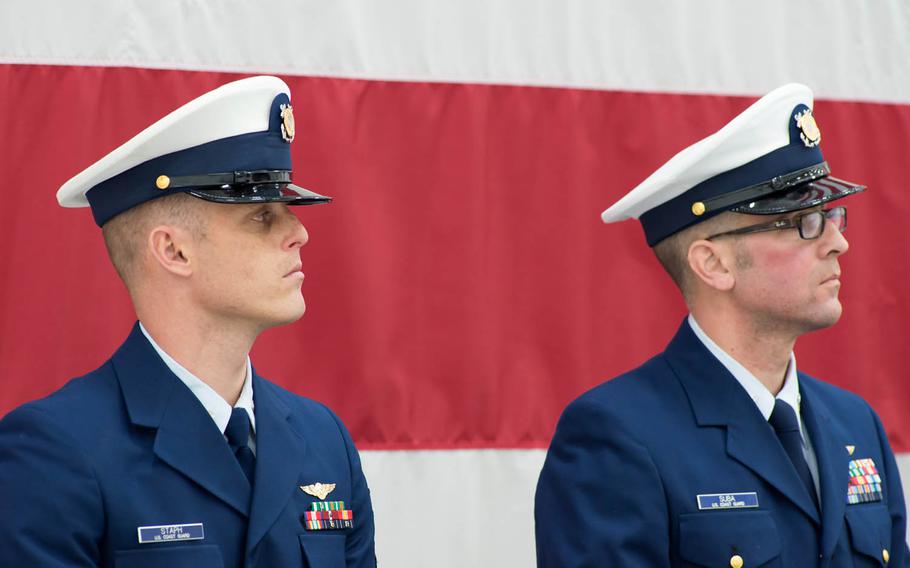 Petty Officer 3rd Class Evan Staph, left, and Petty Officer 2nd Class Derrick P. Suba were honored Jan. 22, 2016, for the rescue of two men aboard a disabled sailboat in 25-foot waves 150 miles south of Nantucket. 