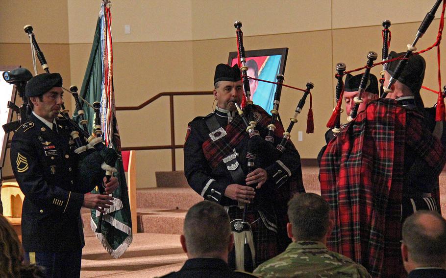 Bagpipers perform "Amazing Grace" during a fallen soldier memorial at Lewis North Chapel on Joint Base Lewis-McChord on Feb. 25, 2016. Sgt. 1st Class Matthew McClintock was killed Jan. 5 in southern Afghanistan. 