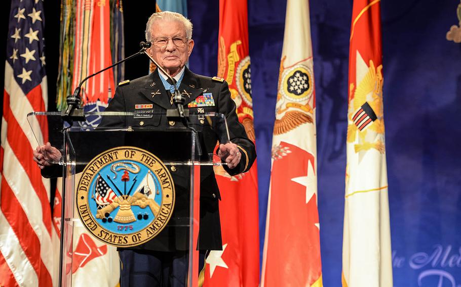 Medal of Honor recipient retired U.S. Army Lt. Col. Charles Kettles is honored July 19, 2016, at the Pentagon. 