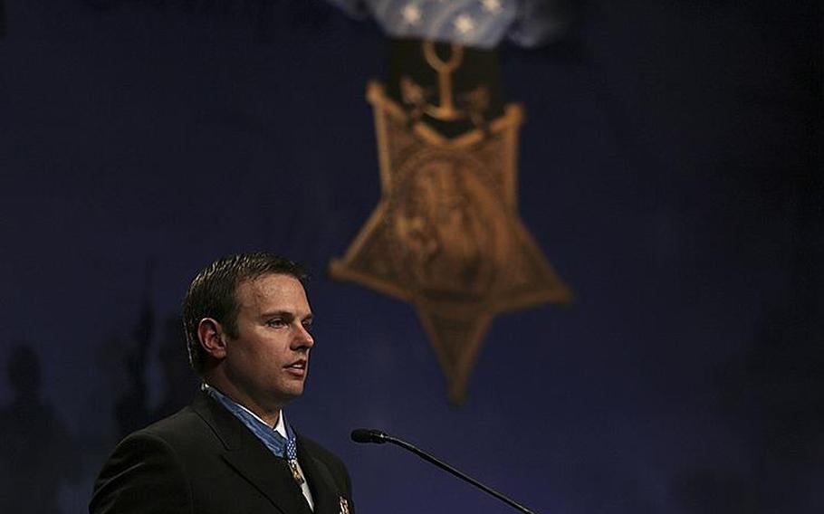 Senior Chief Petty Officer Edward C. Byers Jr. is the first living Navy SEAL to receive the nation's top military honor since the Vietnam War. He speaks during his Hall of Heroes induction ceremony March 1, 2016, at the Pentagon. 