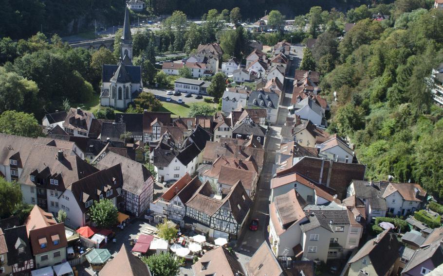 A view of the city center of Eppstein, Germany, from the highest tower in the town's medieval castle, Burg Eppstein. The castle and town lie at the foot of the Taunus Mountains, just minutes from Wiesbaden.