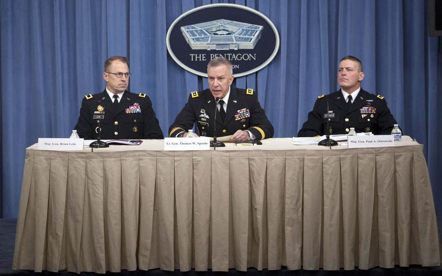 Army officials talk to reporters about the results of a monthslong investigation into the inadvertent shipment of live anthrax spores to a number of laboratories in the U.S. and abroad from Dugway Proving Ground, Utah, during a Pentagon news conference, Jan. 15, 2016.