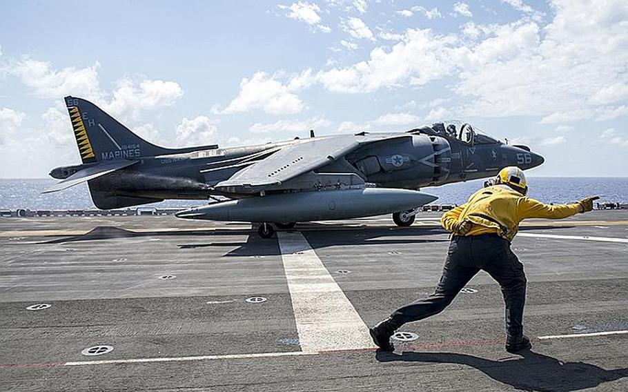 An AV-8B Harrier, from the 22nd Marine Expeditionary Unit, takes off from the flight deck of the amphibious assault ship USS Wasp in the Mediterranean Sea on Wednesday, Aug. 24, 2016. The 22nd MEU, embarked on the Wasp, was conducting precision air strikes in support of the Libyan Government of National Accord-aligned forces against Islamic State group targets in Sirte, Libya, as part of Operation Odyssey Lightning.