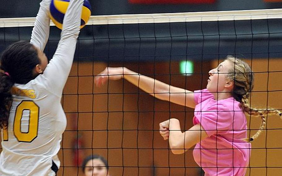 A pair of transfers gave a boost to their respective new teams. Senior Isabel Tayag, left, moved from Edgren and added height in the middle for Kadena. Ashlyn Yevchak, a junior, came from Idaho to help fuel Yokota's run to D-II title contention.