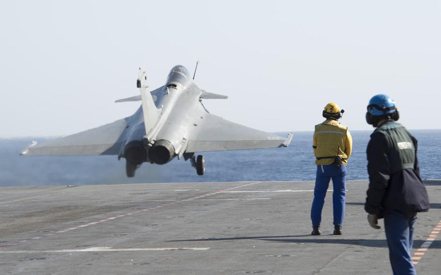 A multi-role Rafale M jet launches from the flight deck of the French navy aircraft carrier Charles de Gaulle in the eastern Mediterranean on Nov. 25, 2016, as part of the air campaign against the Islamic State group in Iraq and Syria.