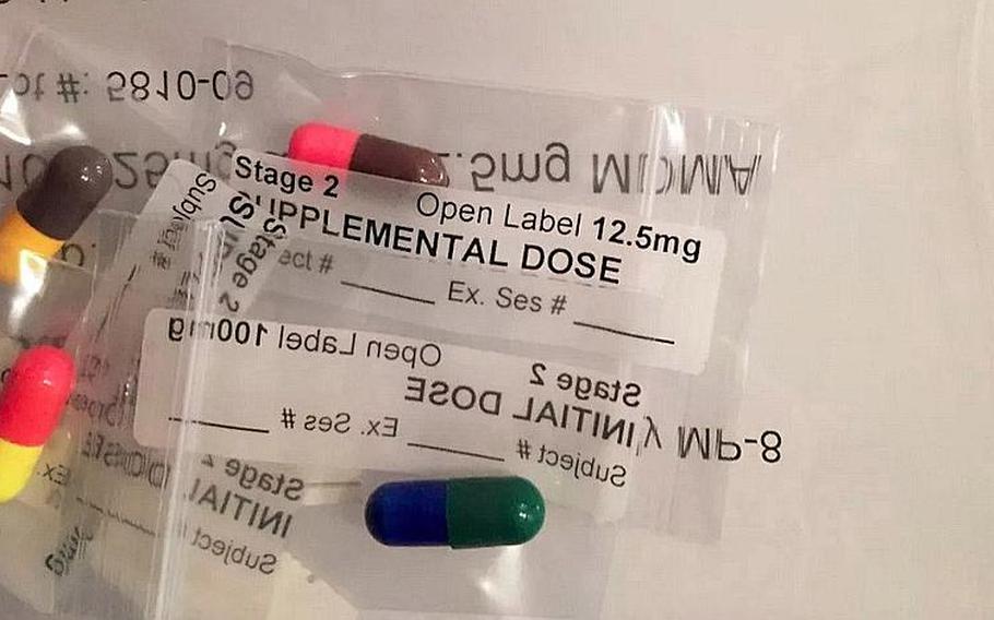Clinical doses of MDMA are shown. The drug, known commonly by its street name Ecstasy, is currently illegal but has moved forward in FDA trials for use in PTSD treatment.