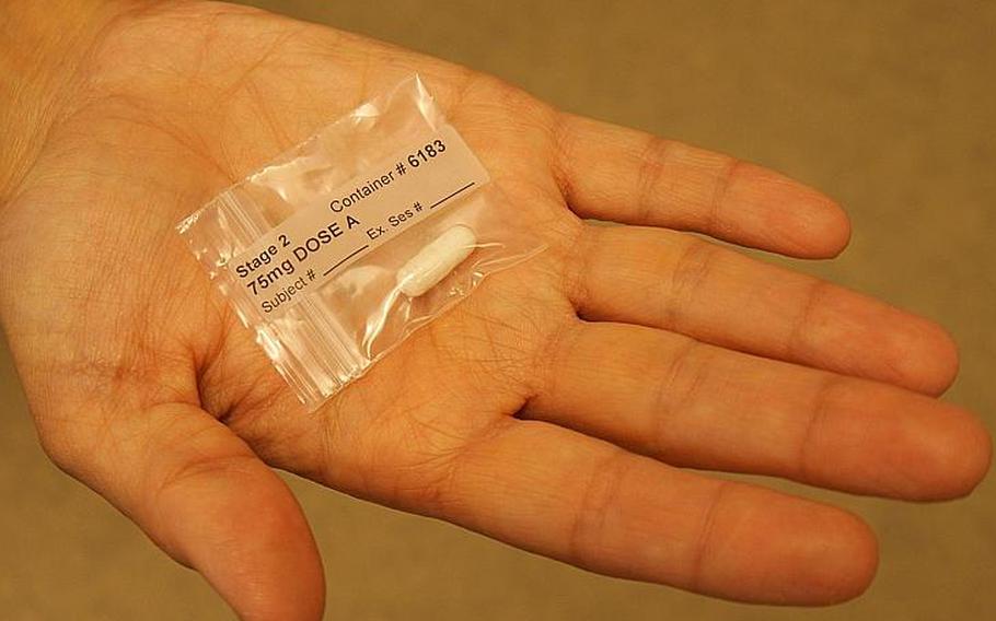 A clinical dose of MDMA is shown. The drug, known commonly by its street name Ecstasy, is currently illegal but has moved forward in FDA trials for use in PTSD treatment.