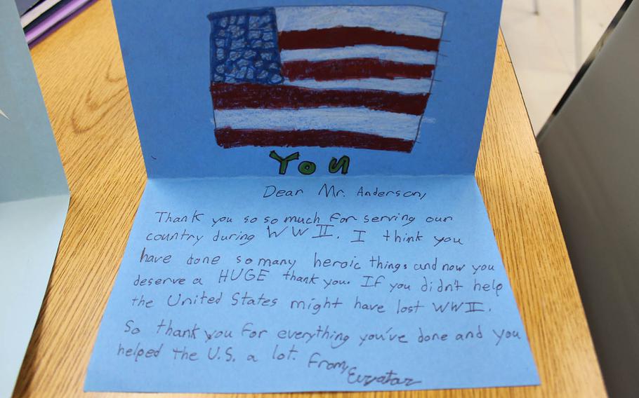 Carol Gannon's fifth-grade class made cards for Mr. Anderson to thank him for his service in World War II.