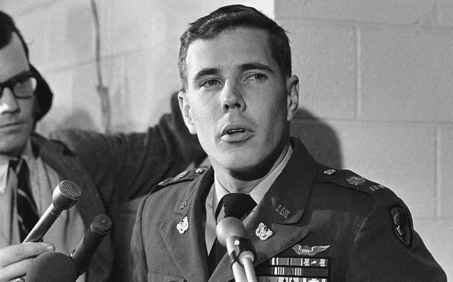 Helicopter pilot CWO Hugh Thompson speaks with reporters at the Pentagon Dec. 4, 1969, after testifying before a board looking into the original investigation into the My Lai massacre in South Vietnam. The Army will award Thompson the prestigious Soldier's Medal for his efforts to save Vietnamese civilians during the massacre in a ceremony at Washington's Vietnam memorial on March 6, 1998. 