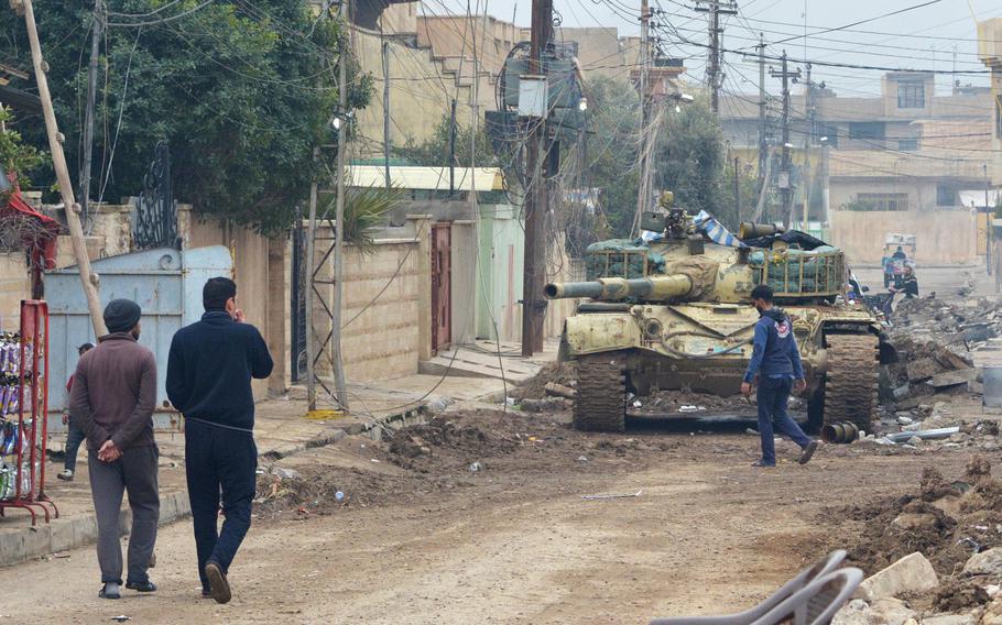 A T-72 Tank in Mosul, Iraq on Wednesday. The tanks have given government forces an advantage in the east of the city but troops expect they won't be able to access narrow, winding streets in old neighborhoods west of the Tigris River.