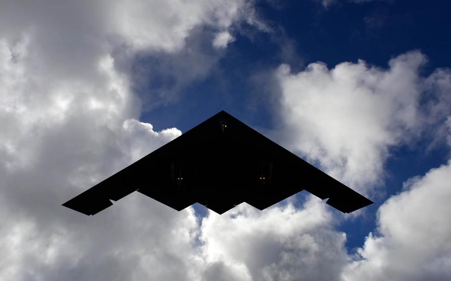 An Air Force B-2 Spirit from Whiteman Air Force Base, Mo., returns from a training mission at Andersen Air Force Base, Guam, Jan. 12, 2017.