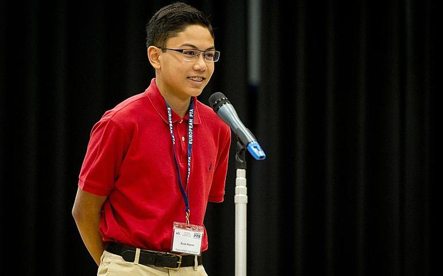 Ryan Rayos reacts after winning the 35th annual European PTA Spelling Bee in the 19th round by correctly spelling "Devonian" at Ramstein Air Base, Germany, on Saturday, March 18, 2017. Rayos also won in 2015 and will go on to Washington to compete in the Scripps National Spelling Bee.