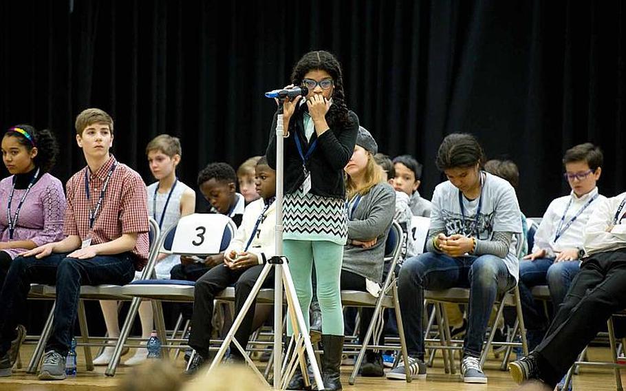 Nyla Pearson, a student from Robinson Barracks Elementary School, takes a moment to think about the spelling of a word during the 35th annual European PTA Spelling Bee at Ramstein Air Base, Germany, on Saturday, March 18, 2017.