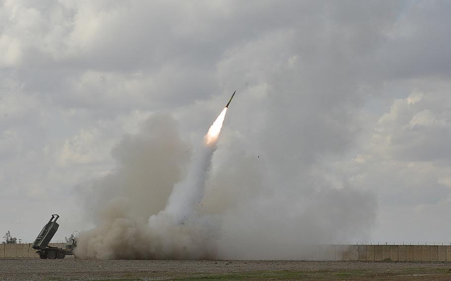 A High Mobility Artillery Rocket System launches a rocket toward Islamic State targets in Mosul from Qayara Airfield West on Friday, March 17, 2017. While women in artillery fields were previously restricted to rocket units, new rules have begun allowing them to serve in cannon batteries as well.
