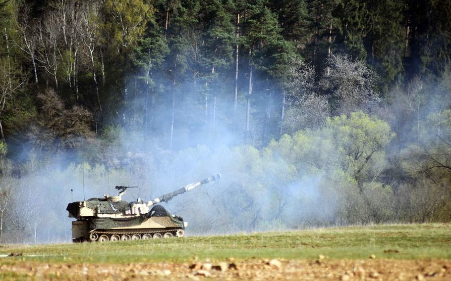 An Army M109 Paladin howitzer after firing during a combined-arms live-fire exercise at the Grafenwoehr Training Area in Germany, Monday, April 10, 2017.