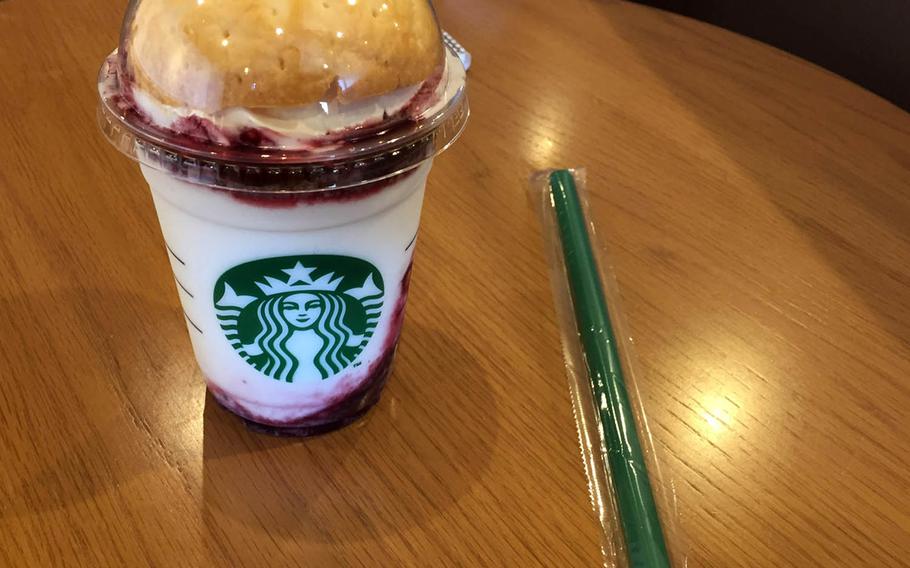 The American Cherry Pie Frappuccino is topped with a pie crust that customers must punch through with a straw before slurping the sweet drink below.