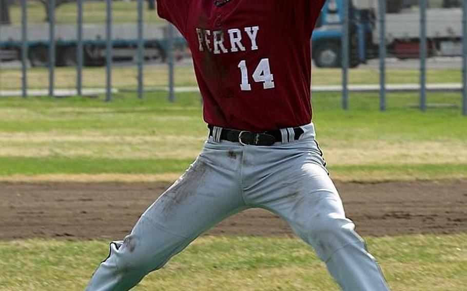 Matthew C. Perry right-hander Garrett Macias delivers against Robert D. Edgren during Thursday's DODEA-Japan tournament baseball game. The teams played to a 2-2 draw.
