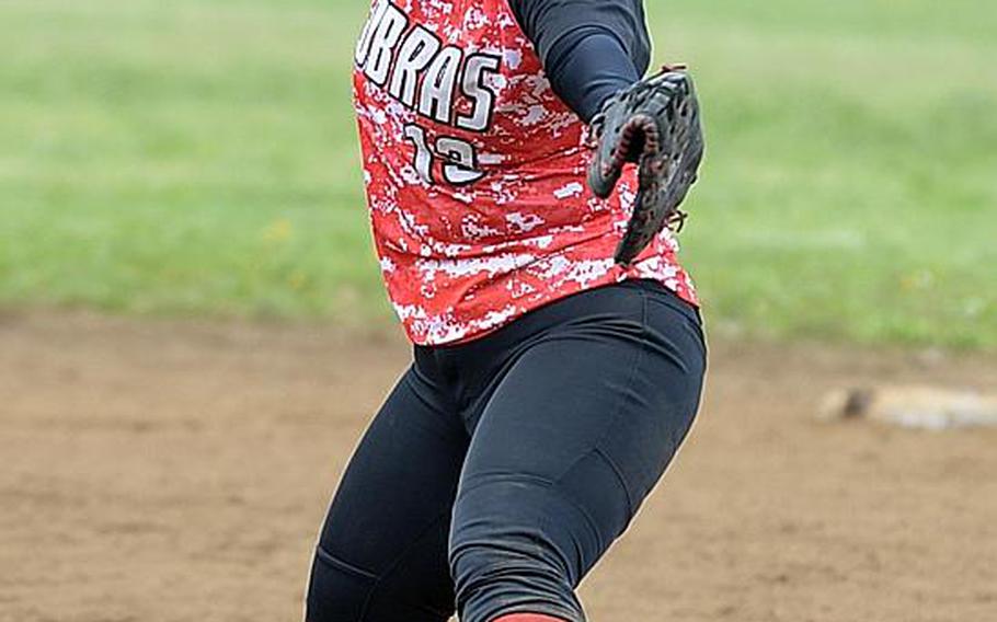E.J. King right-hander Shiona Lonesky delivers against Matthew C. Perry during Friday's DODEA Japan softball tournament game. The Cobras beat the Samurai 11-8 in the quarterfinal, then Yokota 17-7 in the semifinal to reach Saturday's championship game against Kinnick.