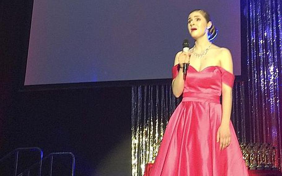 Margaret Jacquay of Kaiserslautern's KMC Onstage theater performs the song "Legally Blonde" from the theater's adaptation of the movie of the same name at the 2017 TOPPERS awards in Wiesbaden, Germany, Saturday, April 29, 2017.