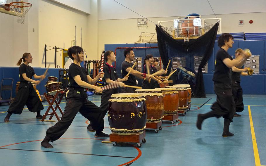 Volunteers from the nearby community of Ome demonstrate taiko drumming during the JaPANDAsia festival at Joan K. Mendel Elementary School at Yokota Air Base, Japan, Friday, May 5, 2017.
