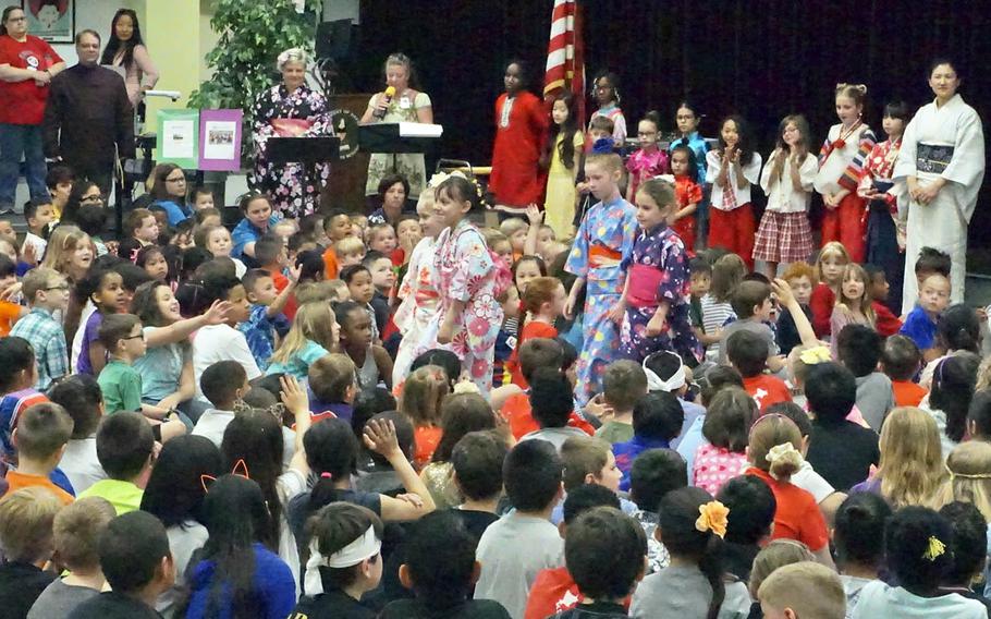 Students from Joan K. Mendel Elementary School at Yokota Air Base, Japan, model traditional Japanese clothing during the school's annual JaPANDAsia fashion show, Friday, May 5, 2017.
