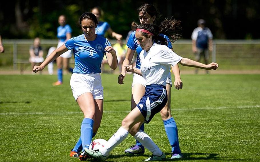 Marymount's Emanuela Scalia, left, and Black Forest Academy's Natalie Wagner battle for the ball as Marymount's Djamilia Savcenco moves in to help during the DODEA-Europe soccer tournament in Landstuhl, Germany, on Wednesday, May 17, 2017. Marymount lost the Division II match 1-0.

MICHAEL B. KELLER/STARS AND STRIPES