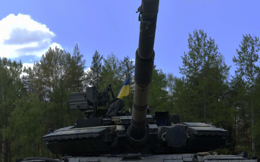 A Ukrainian T-64 tank at Grafenwoehr, Germany, waiting to be transported to Hohenfels, Germany, Tuesday, May 23. The Ukrainian tank platoon will be part of Exercise Combined Resolve.