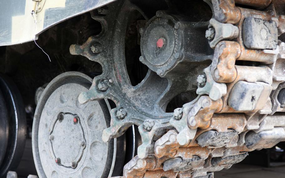 The tracks of a Ukrainian T-64 tank being loaded onto a British Heavy Equipment Transporter at Grafenwoehr, Germany, Tuesday, May 23. A Ukrainian tank platoon will be taking part in Exercise Combined Resolve.