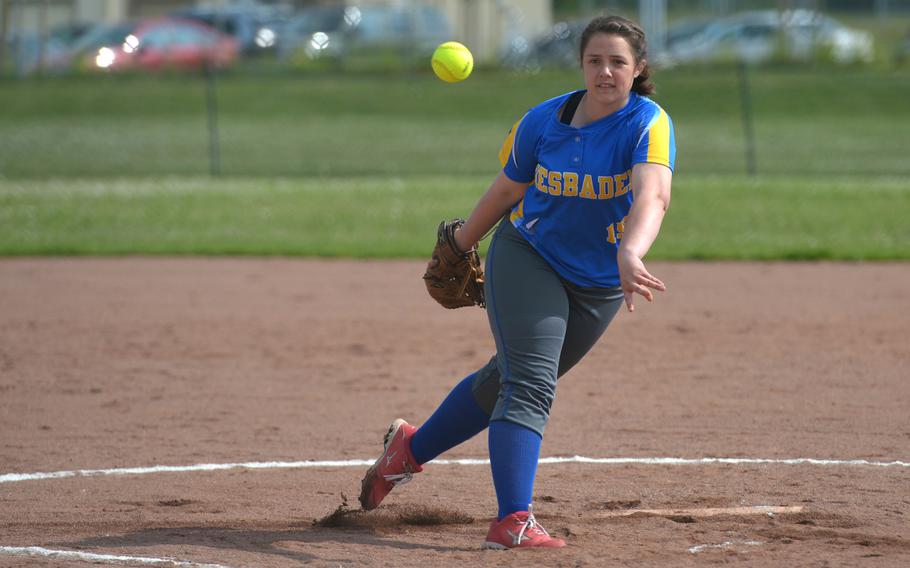 Wiesbaden's Rhianna McInnis throws a pitch against Naples in action on opening day of the DODEA-Europe softball tournament in Kaiserslautern, Germany, Thursday, May 25, 2017. Wiesbaden won 10-6.