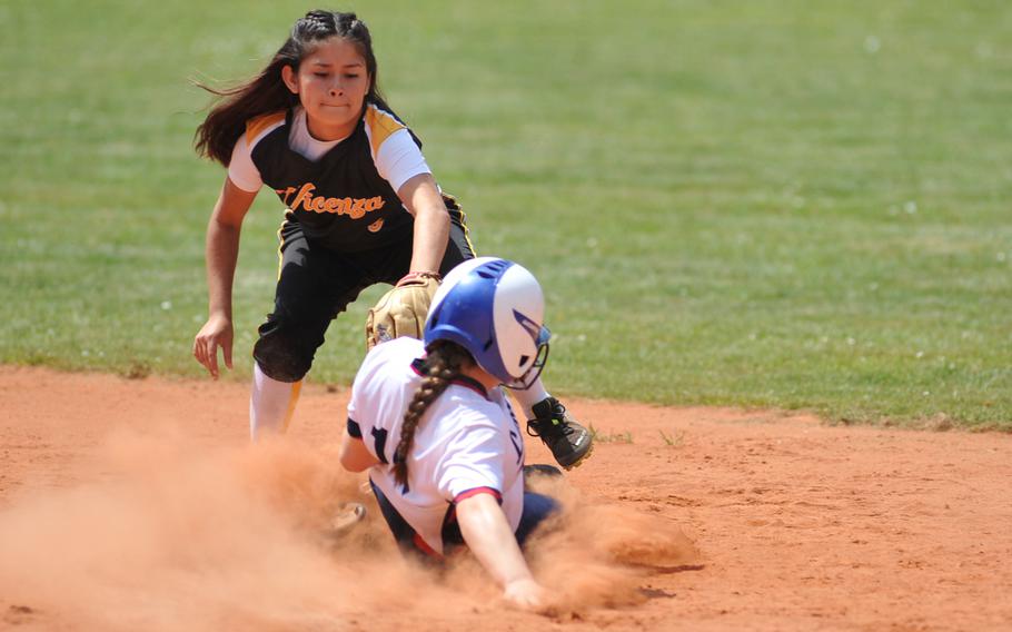 Vicenza's Kylee Menon puts the tag on Lakenheath's Alison Stangl in a Division I game at the DODEA-Europe softball tournament in Ramstein, Germany, Thursday, May 25, 2017. Lakenheath won 15-5.