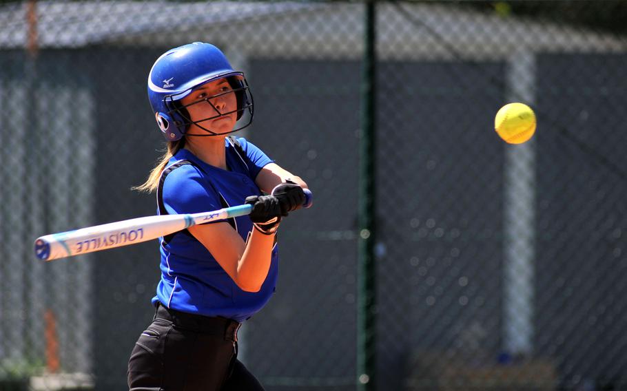 Hohenfell's Alexus Garcia connects in a Division II/III game against AFNORTH at the DODEA-Europe softball tournament in Ramstein, Germany, Thursday, May 25, 2017. Hohenfels won 16-15.