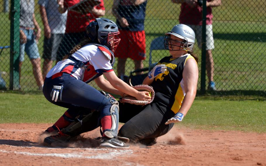 Lakenheath's Alison Stangl put the tag on Stuttgart's Ruth Rueb in a Division I game at the DODEA-Europe softball tournament in Ramstein, Germany, Thursday, May 25, 2017. Stuttgart won 7-6.