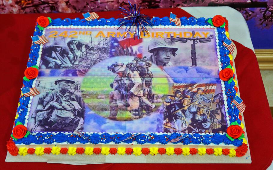 The Camp Zama Dining Facility served two cakes for the Army's 242nd birthday, Wednesday, June 14, 2017.