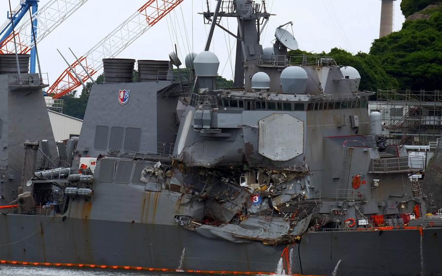 The Navy destroyer USS Fitzgerald, which was involved in a collision with a merchant ship Saturday, June 17, 2017, is seen at Yokosuka Naval Base, Japan, Sunday, June 18, 2017.