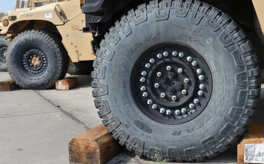 A view of a Humvee's front wheel, with all the nuts and bolts needed to hold it together. Thousands of pieces of equipment are stored at Coleman Barracks in Mannheim, Germany as part of the U.S. Army's prepositioned stocks operations.