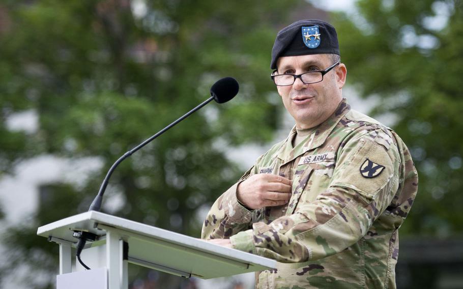 Maj. Gen. Steven Shapiro, 21st Theater Sustainment Command commander, speaks during the 7th Mission Support Command change-of-command ceremony at Daenner Kaserne, Germany, on Friday, Aug. 4, 2017.