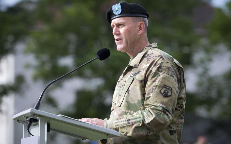 Brig. Gen. Steven Ainsworth, outgoing 7th Mission Support Command commander, speaks during the MSC's change-of-command ceremony at Daenner Kaserne, Germany, on Friday, Aug. 4, 2017. Ainsworth is headed to Belle Chasse, La., to take command of the Army Reserve?s 377th Theater Sustainment Command.