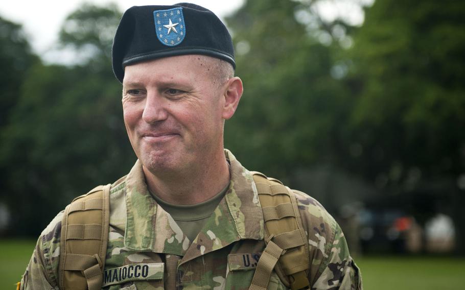 Brig. Gen. Frederick R. Maiocco Jr., 7th Mission Support commander, answers questions during an interview after the MSC's change-of-command ceremony at Daenner Kaserne, Germany, on Friday, Aug. 4, 2017. Maiocco was previously the Army Reserve's 85th Support Command commander in Arlington Heights, Ill.