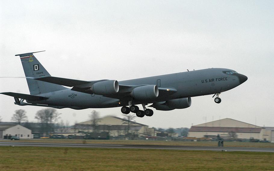A KC-135 Stratotanker from the 100th Air Refueling Wing takes off from RAF Mildenhall, England. The move of K-135 tankers from England to Ramstein Air Base, Germany, has been delayed, according to local news reports.