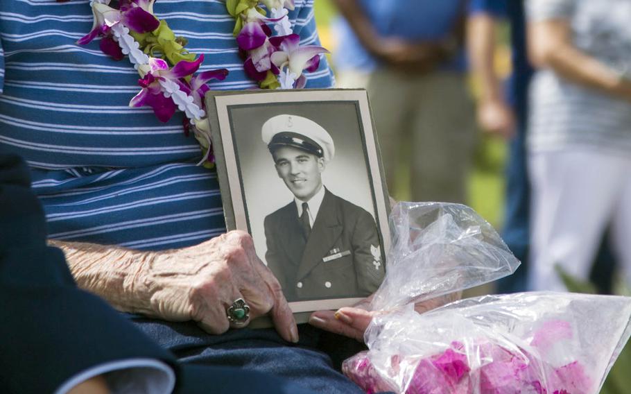 An ash-scattering ceremony was held Tuesday, Sept. 19, 2017, at Pearl Harbor in honor of Melvin Stone, who served as a chief machinist's mate on the destroyer tender USS Dobbin during the surprise Japanese attack.