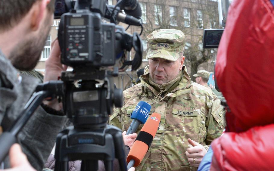 Lt. Gen. Ben Hodges, U.S. Army Europe commander, is interviewed by Lithuanian media in Panevezys, Lithuania, on Monday, March 23, 2015. Hodges is now slated to retire as the commander of U.S. Army Europe.