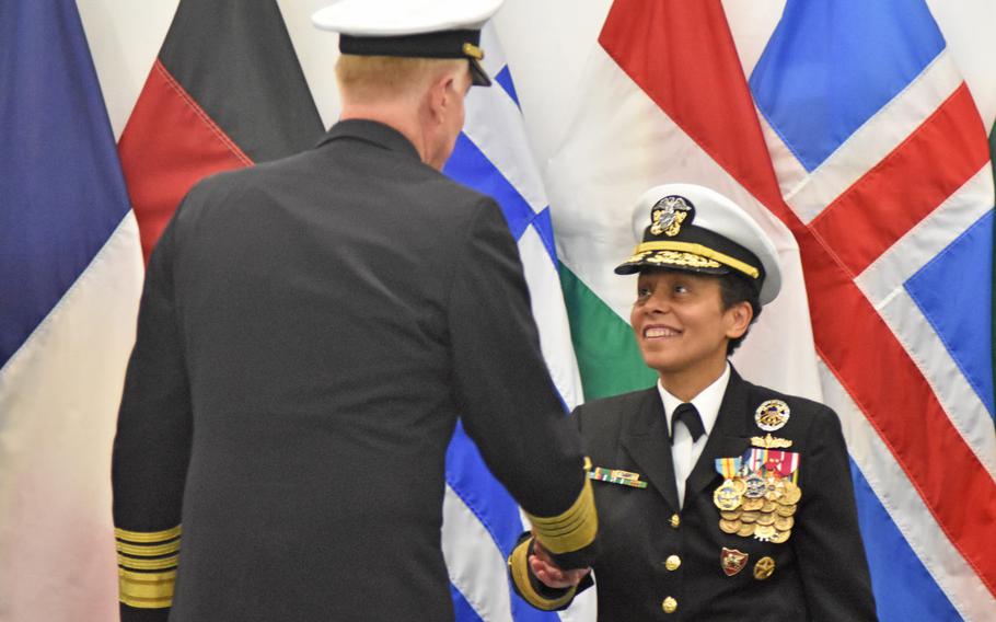 Adm. Michelle Howard relinquishes command of U.S. Naval Forces Europe-Africa and Allied Joint Force Command Naples to Adm. James Foggo on Oct. 20, 2017, at the JFC auditorium. Howard plans to retire by January.