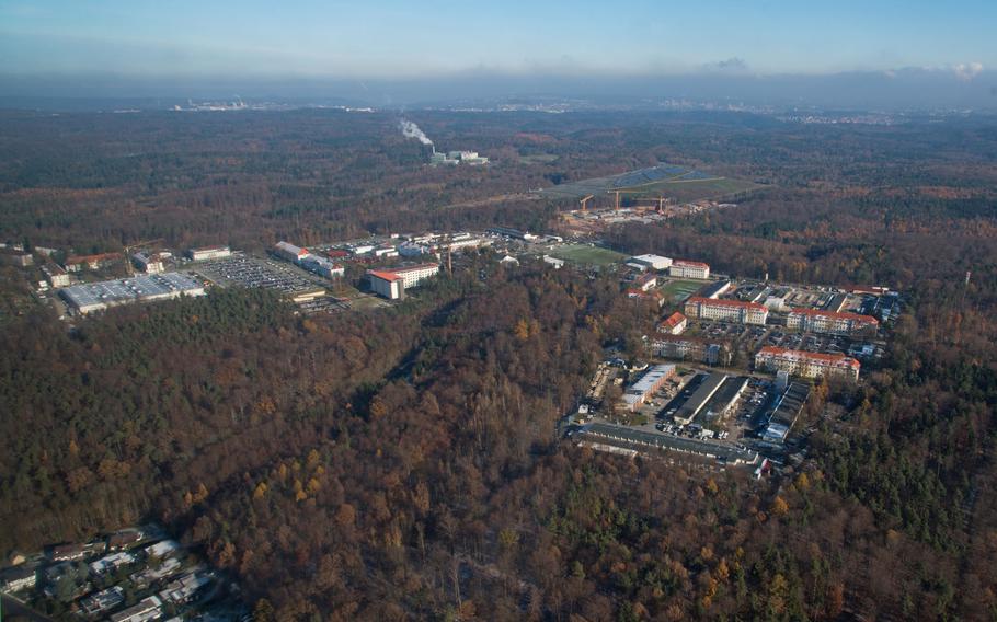 An aerial view of Panzer Kaserne near Boeblingen, Germany. Buildings around the base were evacuated Sunday, Nov. 19, 2017, as a World War II bomb was defused without incident.