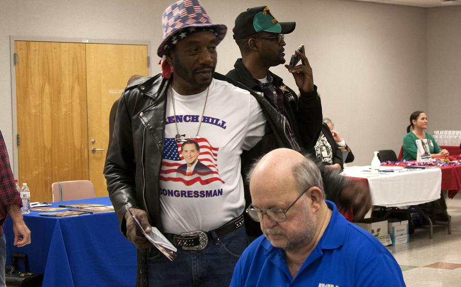 Veteran Calvin Santiago wears a shirt in support of Rep. French Hill, R-Ark., at a meeting Hill's office hosted Monday, Nov. 20, 2017 at the John L. McClellan Memorial Veterans Hospital in Little Rock.