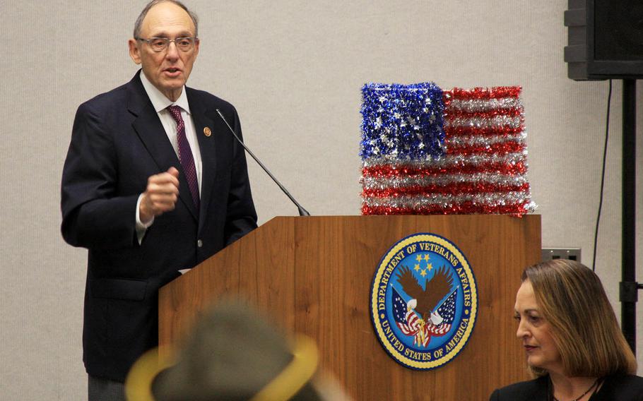 Rep. Phil Roe, R-Tenn., chairman of the House Committee on Veterans' Affairs, addresses about 100 veterans and health care providers who attended a town hall meeting Monday, Nov. 20, 2017 at the John L. McLellan Memorial Veterans Hospital in Little Rock, Ark.