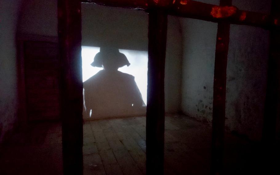 A video re-creation of a witch-hunter interrogation inside the prison at Colchester Castle in Colchester, England.  Mathew Hopkins used the prison in 1645 as his base of operations, where he was responsible for the deaths of at least 100 people accused of witchcraft.
